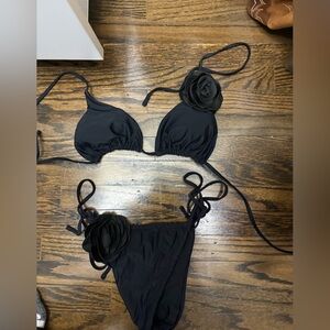 Black Floral Accent String Bikini Top